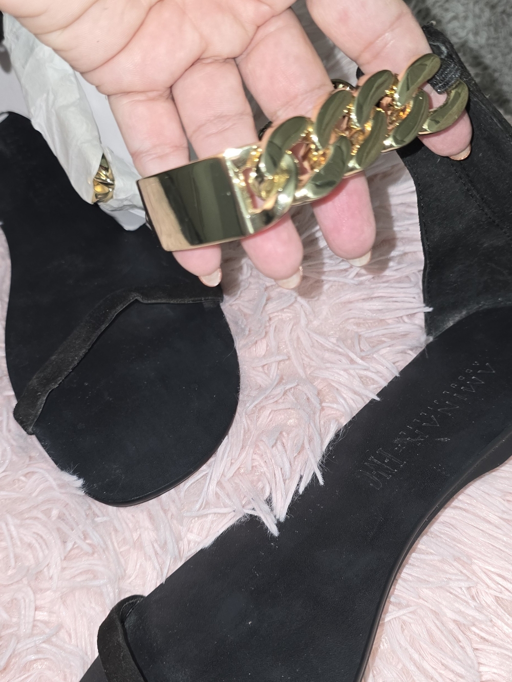INC International Concepts Black Suede Heeled Sandals with Gold Chain